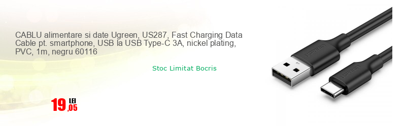 CABLU alimentare si date Ugreen, US287, Fast Charging Data Cable pt. smartphone, USB la USB Type-C 3A, nickel plating, PVC, 1m, negru 60116