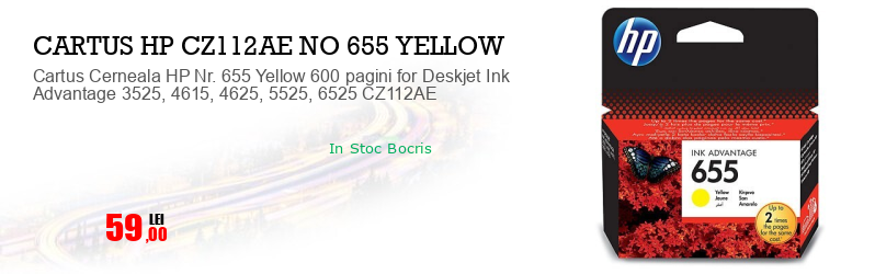 Cartus Cerneala HP Nr. 655 Yellow 600 pagini for Deskjet Ink Advantage 3525, 4615, 4625, 5525, 6525 CZ112AE