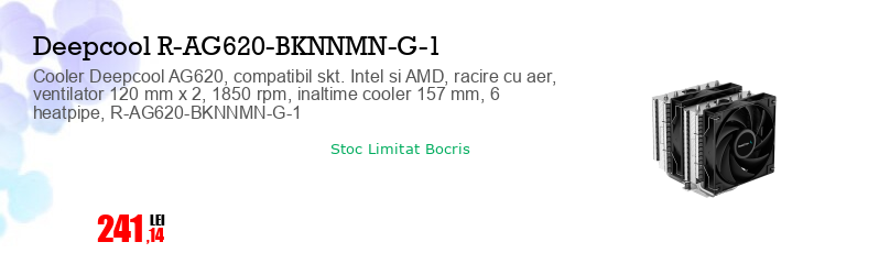 Cooler Deepcool AG620, compatibil skt. Intel si AMD, racire cu aer, ventilator 120 mm x 2, 1850 rpm, inaltime cooler 157 mm, 6 heatpipe, R-AG620-BKNNMN-G-1