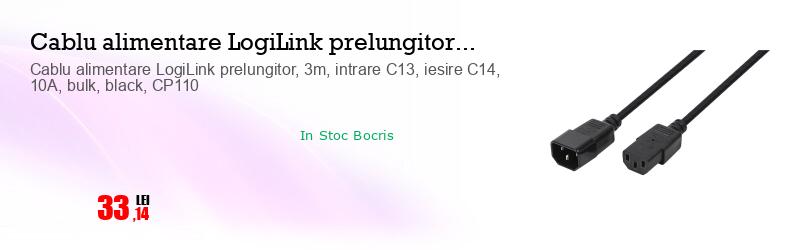 Cablu alimentare LogiLink prelungitor, 3m, intrare C13, iesire C14, 10A, bulk, black, CP110
