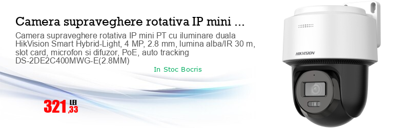 Camera supraveghere rotativa IP mini PT cu iluminare duala HikVision Smart Hybrid-Light, 4 MP, 2.8 mm, lumina alba/IR 30 m, slot card, microfon si difuzor, PoE, auto tracking DS-2DE2C400MWG-E(2.8MM)