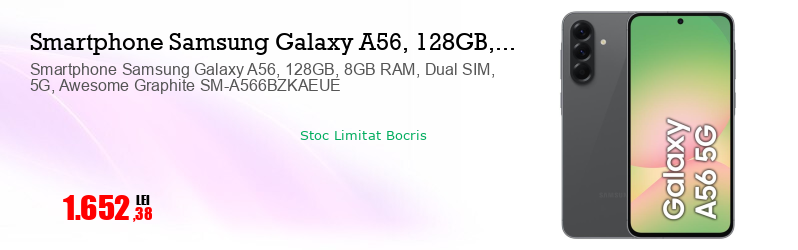 Smartphone Samsung Galaxy A56, 128GB, 8GB RAM, Dual SIM, 5G, Awesome Graphite SM-A566BZKAEUE