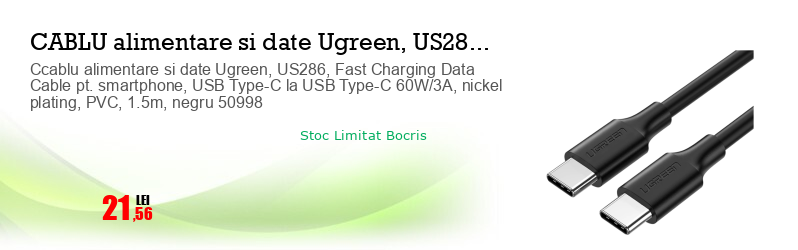 Ccablu alimentare si date Ugreen, US286, Fast Charging Data Cable pt. smartphone, USB Type-C la USB Type-C 60W/3A, nickel plating, PVC, 1.5m, negru 50998