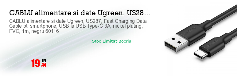 CABLU alimentare si date Ugreen, US287, Fast Charging Data Cable pt. smartphone, USB la USB Type-C 3A, nickel plating, PVC, 1m, negru 60116