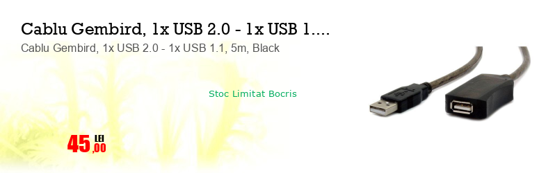Cablu Gembird, 1x USB 2.0 - 1x USB 1.1, 5m, Black