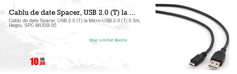 Cablu de date Spacer, USB 2.0 (T) la Micro-USB 2.0 (T) 0.5m, Negru, SPC-MUSB-05