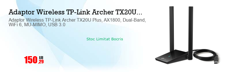 Adaptor Wireless TP-Link Archer TX20U Plus, AX1800, Dual-Band, WiFi 6, MU-MIMO, USB 3.0