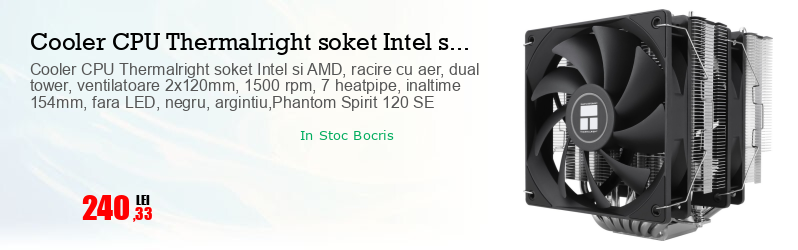 Cooler CPU Thermalright soket Intel si AMD, racire cu aer, dual tower, ventilatoare 2x120mm, 1500 rpm, 7 heatpipe, inaltime 154mm, fara LED, negru, argintiu,Phantom Spirit 120 SE