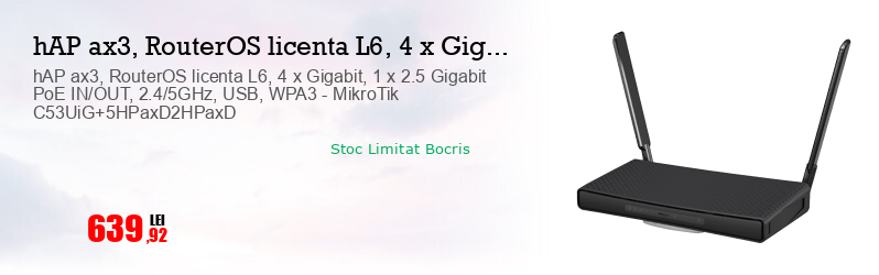 hAP ax3, RouterOS licenta L6, 4 x Gigabit, 1 x 2.5 Gigabit PoE IN/OUT, 2.4/5GHz, USB, WPA3 - MikroTik C53UiG+5HPaxD2HPaxD  