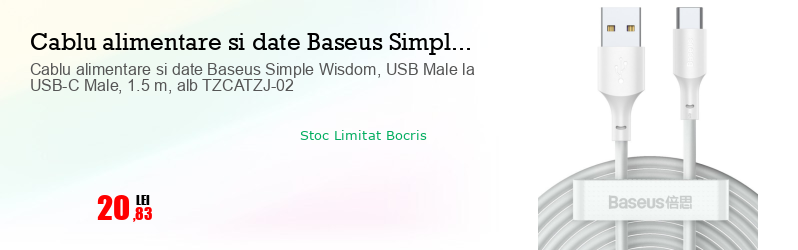 Cablu alimentare si date Baseus Simple Wisdom, USB Male la USB-C Male, 1.5 m, alb TZCATZJ-02