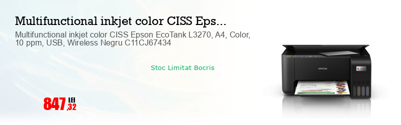 Multifunctional inkjet color CISS Epson EcoTank L3270, A4, Color, 10 ppm, USB, Wireless Negru C11CJ67434