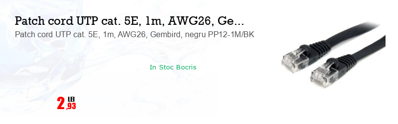 Patch cord UTP cat. 5E, 1m, AWG26, Gembird, negru PP12-1M/BK