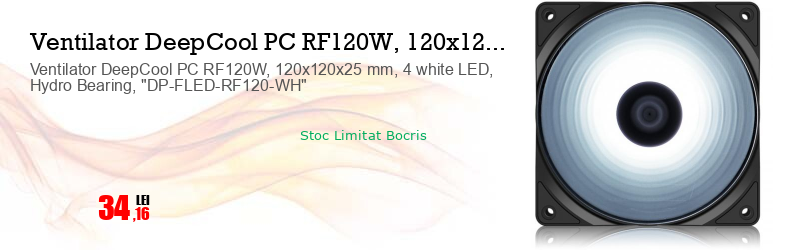 Ventilator DeepCool PC RF120W, 120x120x25 mm, 4 white LED, Hydro Bearing, "DP-FLED-RF120-WH"