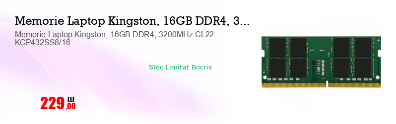 Memorie Laptop Kingston, 16GB DDR4, 3200MHz CL22 KCP432SS8/16