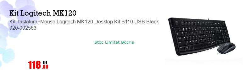 Kit Tastatura+Mouse Logitech MK120 Desktop Kit B110 USB Black 920-002563