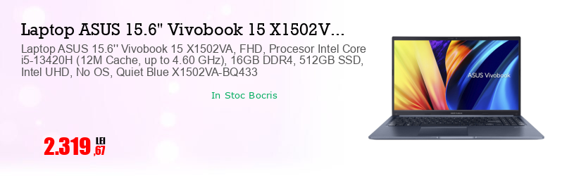 Laptop ASUS 15.6'' Vivobook 15 X1502VA, FHD, Procesor Intel Core i5-13420H (12M Cache, up to 4.60 GHz), 16GB DDR4, 512GB SSD, Intel UHD, No OS, Quiet Blue X1502VA-BQ433