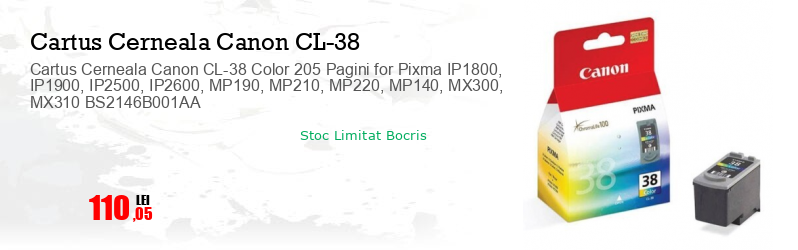Cartus Cerneala Canon CL-38 Color 205 Pagini for Pixma IP1800, IP1900, IP2500, IP2600, MP190, MP210, MP220, MP140, MX300, MX310 BS2146B001AA