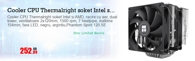 Cooler CPU Thermalright soket Intel si AMD, racire cu aer, dual tower, ventilatoare 2x120mm, 1500 rpm, 7 heatpipe, inaltime 154mm, fara LED, negru, argintiu,Phantom Spirit 120 SE