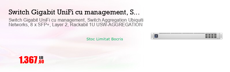 Switch Gigabit UniFi cu management, Switch Aggregation Ubiquiti Networks, 8 x SFP+, Layer 2, Rackabil 1U USW-AGGREGATION