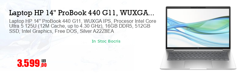 Laptop HP 14'' ProBook 440 G11, WUXGA IPS, Procesor Intel Core Ultra 5 125U (12M Cache, up to 4.30 GHz), 16GB DDR5, 512GB SSD, Intel Graphics, Free DOS, Silver A22Z8EA