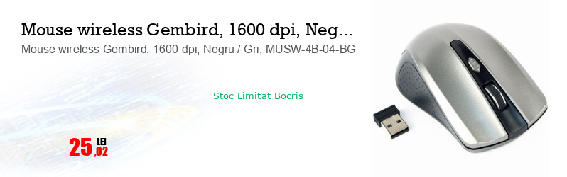 Mouse wireless Gembird, 1600 dpi, Negru / Gri, MUSW-4B-04-BG