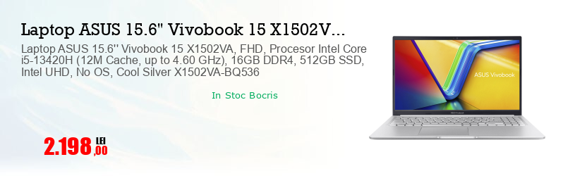 Laptop ASUS 15.6'' Vivobook 15 X1502VA, FHD, Procesor Intel Core i5-13420H (12M Cache, up to 4.60 GHz), 16GB DDR4, 512GB SSD, Intel UHD, No OS, Cool Silver X1502VA-BQ536