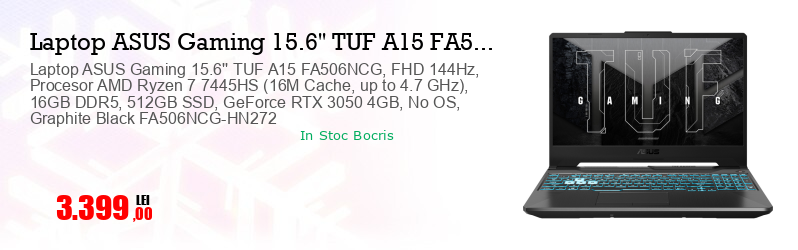 Laptop ASUS Gaming 15.6'' TUF A15 FA506NCG, FHD 144Hz, Procesor AMD Ryzen 7 7445HS (16M Cache, up to 4.7 GHz), 16GB DDR5, 512GB SSD, GeForce RTX 3050 4GB, No OS, Graphite Black FA506NCG-HN272