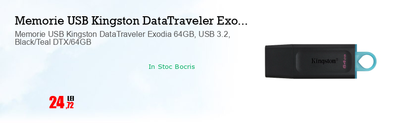 Memorie USB Kingston DataTraveler Exodia 64GB, USB 3.2, Black/Teal DTX/64GB