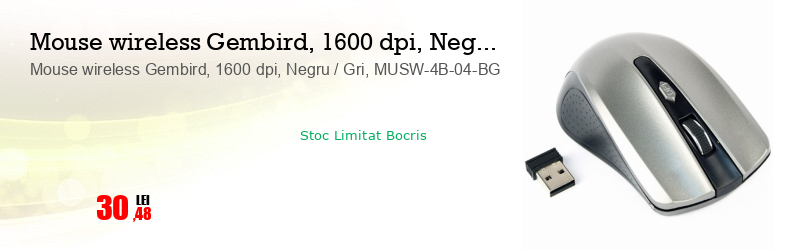 Mouse wireless Gembird, 1600 dpi, Negru / Gri, MUSW-4B-04-BG
