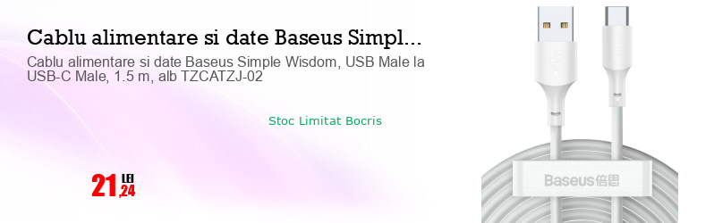 Cablu alimentare si date Baseus Simple Wisdom, USB Male la USB-C Male, 1.5 m, alb TZCATZJ-02
