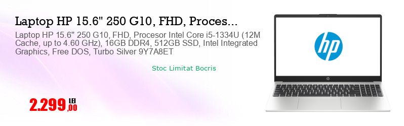 Laptop HP 15.6'' 250 G10, FHD, Procesor Intel Core i5-1334U (12M Cache, up to 4.60 GHz), 16GB DDR4, 512GB SSD, Intel Integrated Graphics, Free DOS, Turbo Silver 9Y7A8ET