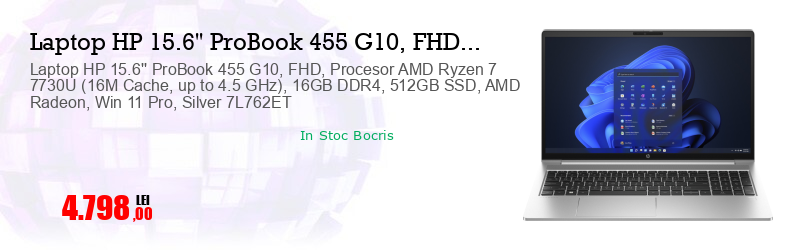 Laptop HP 15.6'' ProBook 455 G10, FHD, Procesor AMD Ryzen 7 7730U (16M Cache, up to 4.5 GHz), 16GB DDR4, 512GB SSD, AMD Radeon, Win 11 Pro, Silver 7L762ET