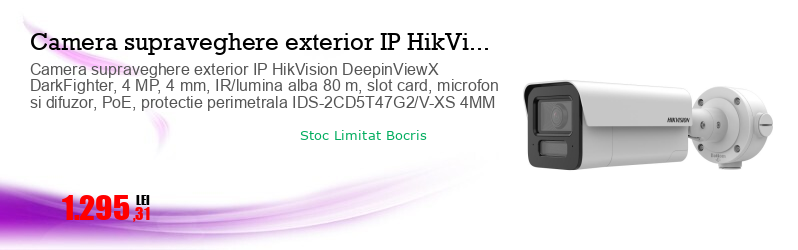 Camera supraveghere exterior IP HikVision DeepinViewX DarkFighter, 4 MP, 4 mm, IR/lumina alba 80 m, slot card, microfon si difuzor, PoE, protectie perimetrala IDS-2CD5T47G2/V-XS 4MM