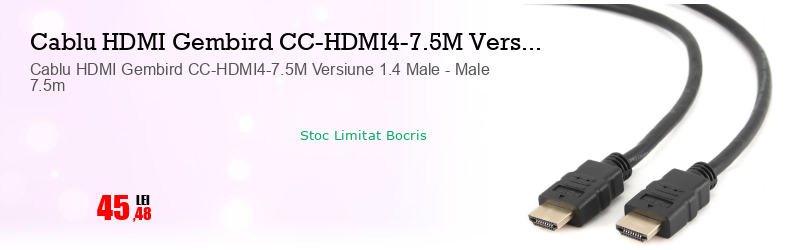 Cablu HDMI Gembird CC-HDMI4-7.5M Versiune 1.4 Male - Male 7.5m