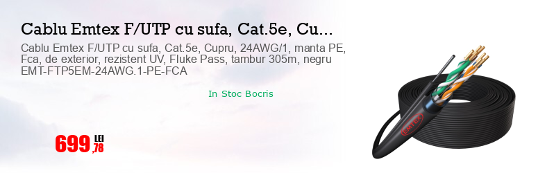 Cablu Emtex F/UTP cu sufa, Cat.5e, Cupru, 24AWG/1, manta PE, Fca, de exterior, rezistent UV, Fluke Pass, tambur 305m, negru EMT-FTP5EM-24AWG.1-PE-FCA