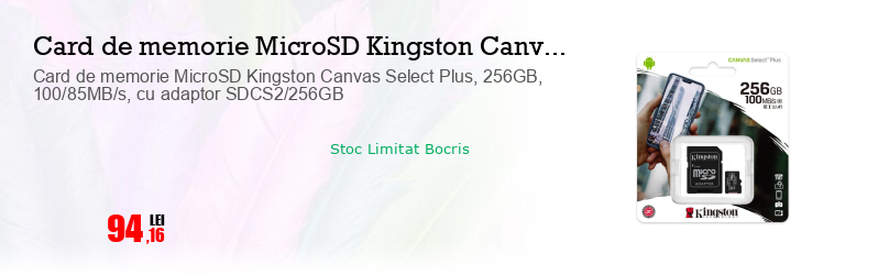 Card de memorie MicroSD Kingston Canvas Select Plus, 256GB, 100/85MB/s, cu adaptor SDCS2/256GB