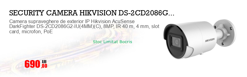 Camera supraveghere de exterior IP Hikvision AcuSense DarkFighter DS-2CD2086G2-IU(4MM)(C), 8MP, IR 40 m, 4 mm, slot card, microfon, PoE