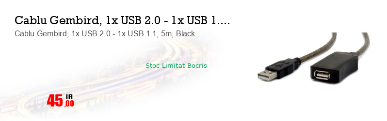Cablu Gembird, 1x USB 2.0 - 1x USB 1.1, 5m, Black