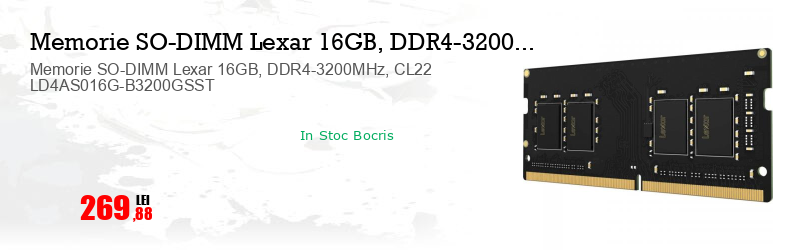 Memorie SO-DIMM Lexar 16GB, DDR4-3200MHz, CL22 LD4AS016G-B3200GSST   