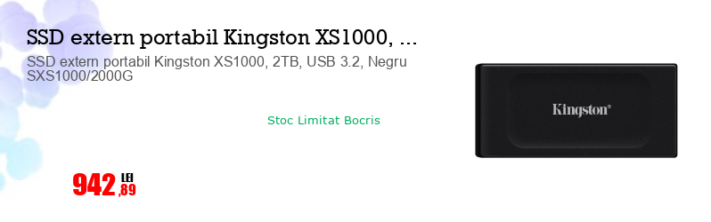 SSD extern portabil Kingston XS1000, 2TB, USB 3.2, Negru SXS1000/2000G