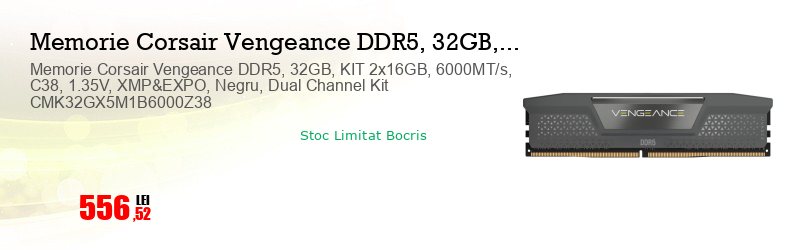 Memorie Corsair Vengeance DDR5, 32GB, KIT 2x16GB, 6000MT/s, C38, 1.35V, XMP&EXPO, Negru, Dual Channel Kit CMK32GX5M1B6000Z38