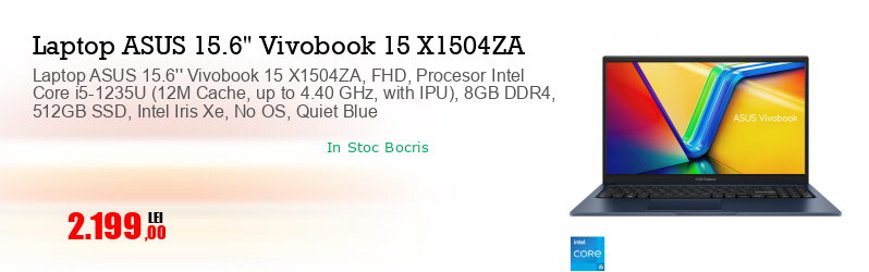 Laptop ASUS 15.6'' Vivobook 15 X1504ZA, FHD, Procesor Intel Core i5-1235U (12M Cache, up to 4.40 GHz, with IPU), 8GB DDR4, 512GB SSD, Intel Iris Xe, No OS, Quiet Blue