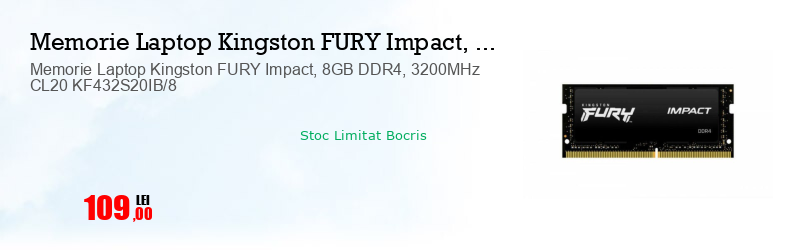 Memorie Laptop Kingston FURY Impact, 8GB DDR4, 3200MHz CL20 KF432S20IB/8