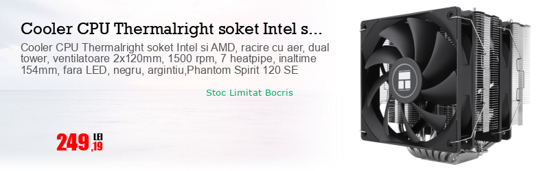 Cooler CPU Thermalright soket Intel si AMD, racire cu aer, dual tower, ventilatoare 2x120mm, 1500 rpm, 7 heatpipe, inaltime 154mm, fara LED, negru, argintiu,Phantom Spirit 120 SE
