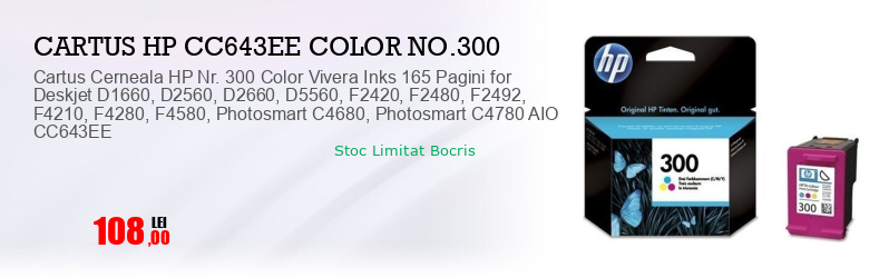 Cartus Cerneala HP Nr. 300 Color Vivera Inks 165 Pagini for Deskjet D1660, D2560, D2660, D5560, F2420, F2480, F2492, F4210, F4280, F4580, Photosmart C4680, Photosmart C4780 AIO CC643EE