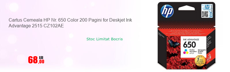 Cartus Cerneala HP Nr. 650 Color 200 Pagini for Deskjet Ink Advantage 2515 CZ102AE
