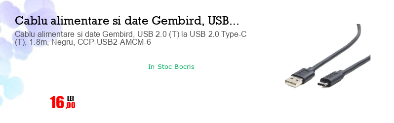 Cablu alimentare si date Gembird, USB 2.0 (T) la USB 2.0 Type-C (T), 1.8m, Negru, CCP-USB2-AMCM-6