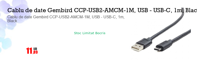 Cablu de date Gembird CCP-USB2-AMCM-1M, USB - USB-C, 1m, Black