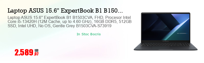 Laptop ASUS 15.6'' ExpertBook B1 B1503CVA, FHD, Procesor Intel Core i5-13420H (12M Cache, up to 4.60 GHz), 16GB DDR5, 512GB SSD, Intel UHD, No OS, Gentle Grey B1503CVA-S73919