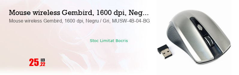 Mouse wireless Gembird, 1600 dpi, Negru / Gri, MUSW-4B-04-BG